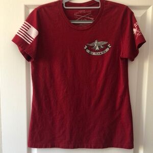 Club Grunt Style women’s large EUC Red Graphic T-Shirt with Patches